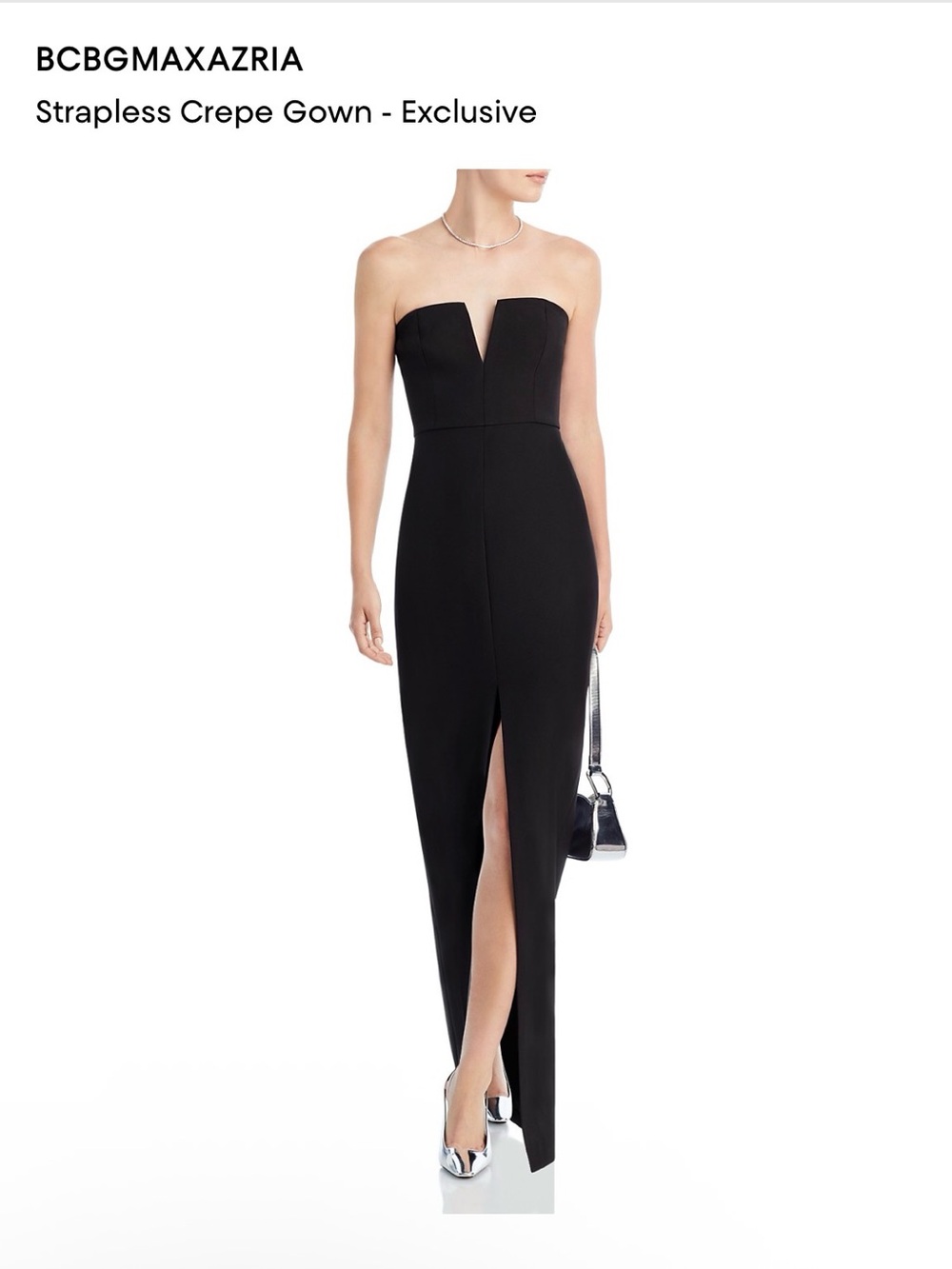 BCBGMaxAzria Strapless Black Crepe Evening Gown with Front Slit